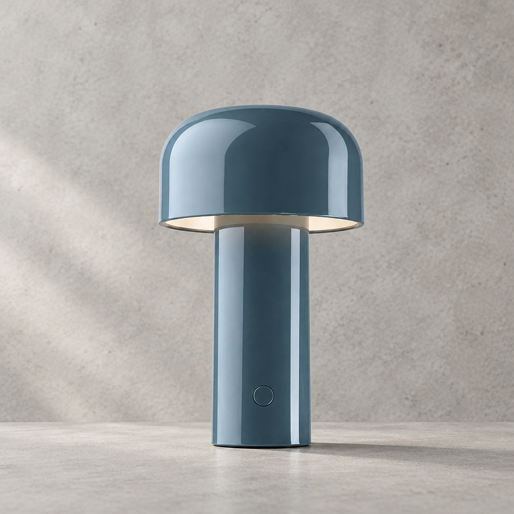 Glossy blue-grey lamp lit against a textured grey wall, round touch button visible on the stem 30