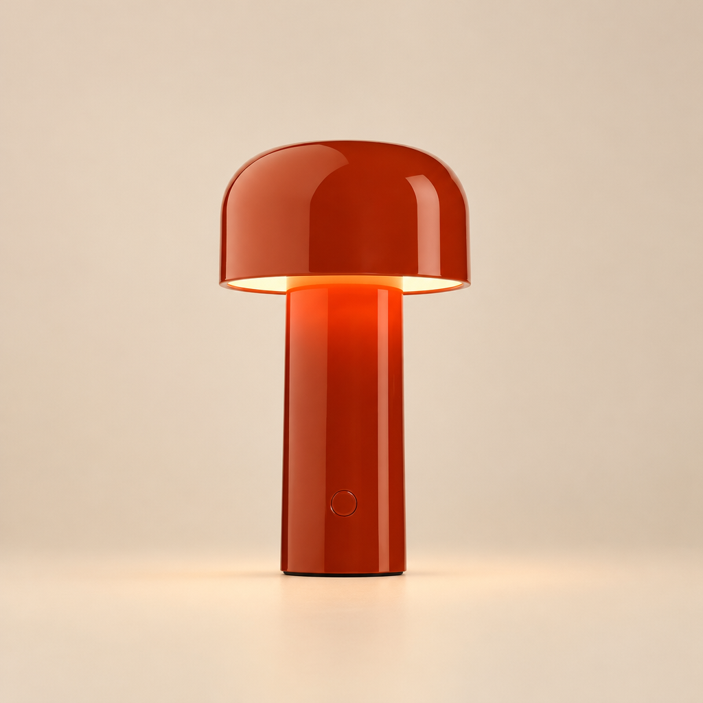 Glossy red lamp lit against a beige backdrop, showing the round switch on its stem 29