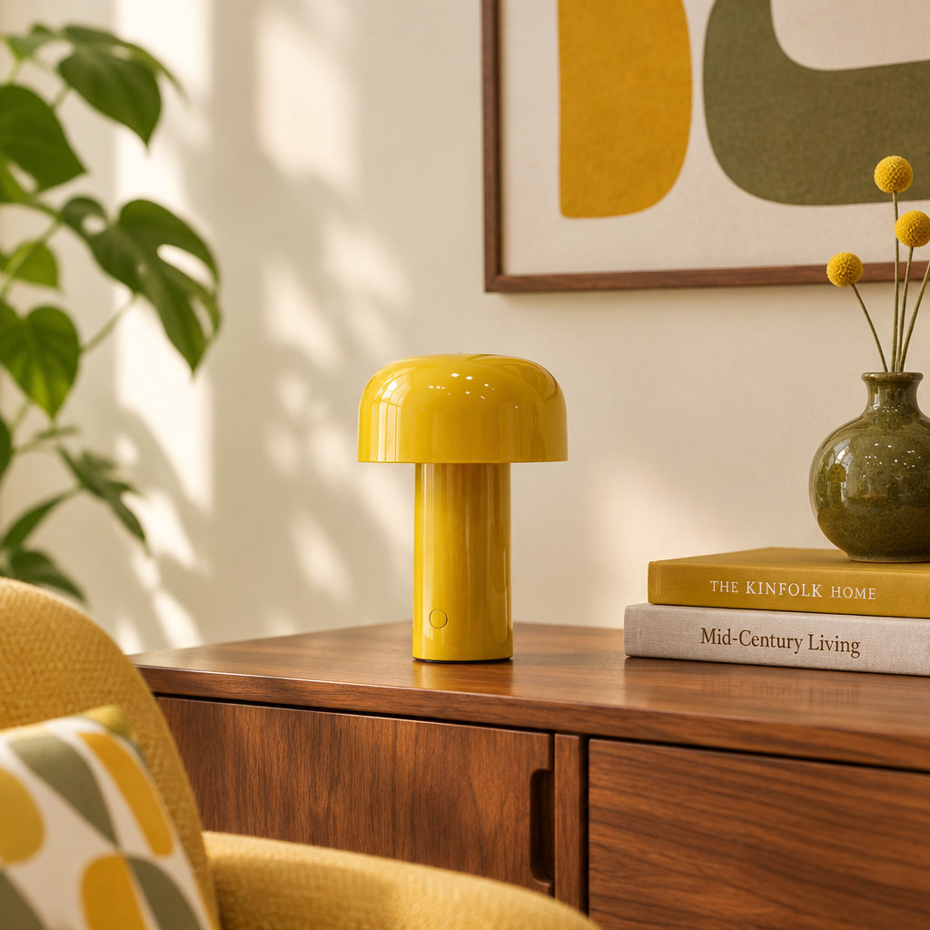 Yellow mushroom lamp on a walnut sideboard beside books, a green vase and yellow flowers 1