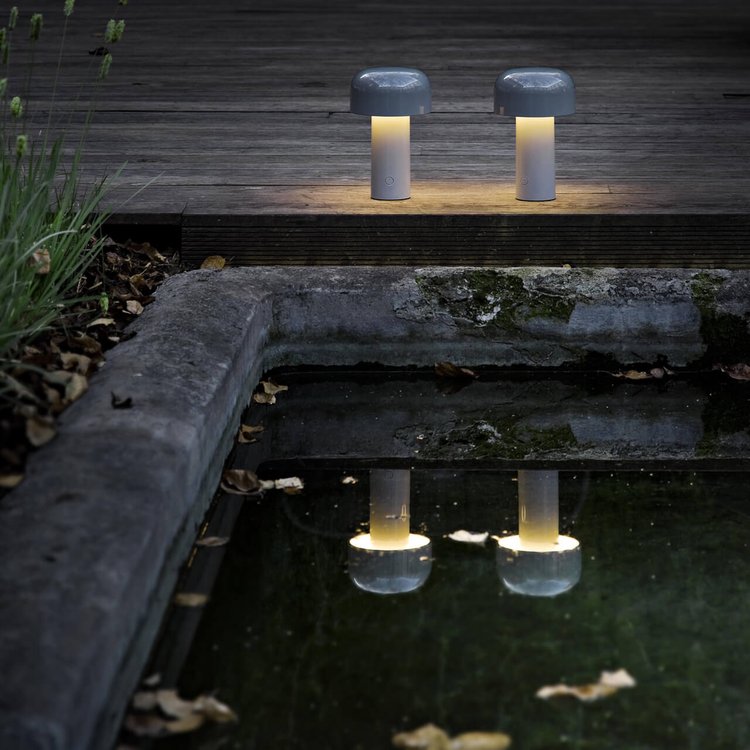 Two lit mushroom lamps on a wooden deck, reflected in dark water in a stone pond 13