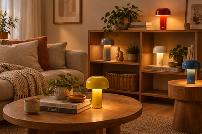 Glowing yellow mushroom-shaped lamp on a round wooden coffee table, with red, grey, white and blue lamps on shelves behind 1