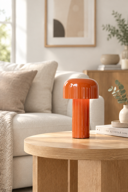 Glossy orange mushroom lamp on a round oak coffee table beside a cream sofa 1