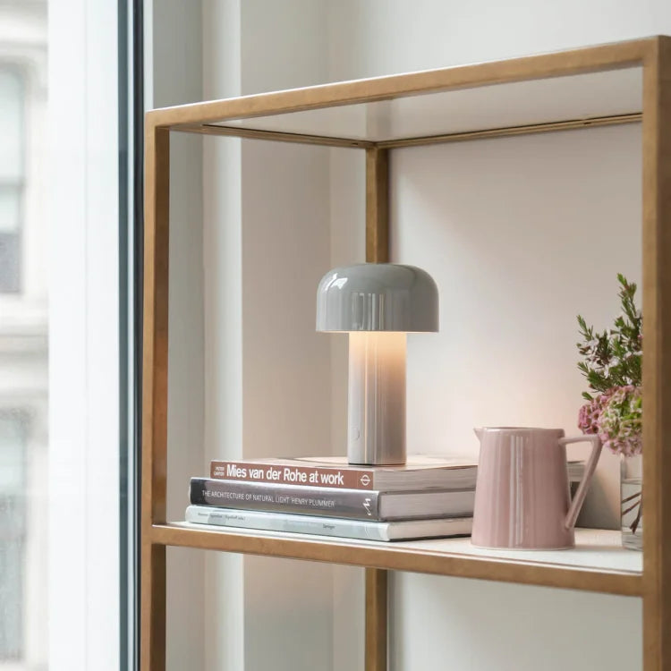 Grey mushroom lamp on a shelf beside a stack of books, a pink jug and flowers 24
