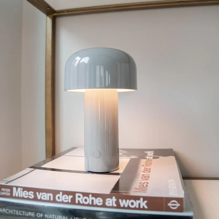 Pale grey lamp glowing on top of a stack of large art books in a shelf 10