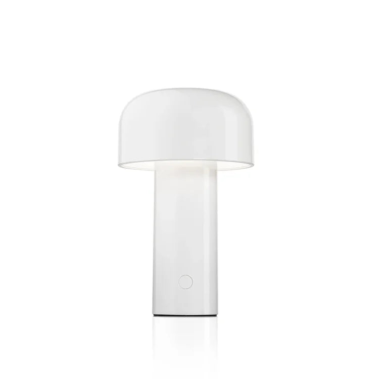 Glossy white mushroom-shaped lamp on a plain white background, with a round button on the base 1