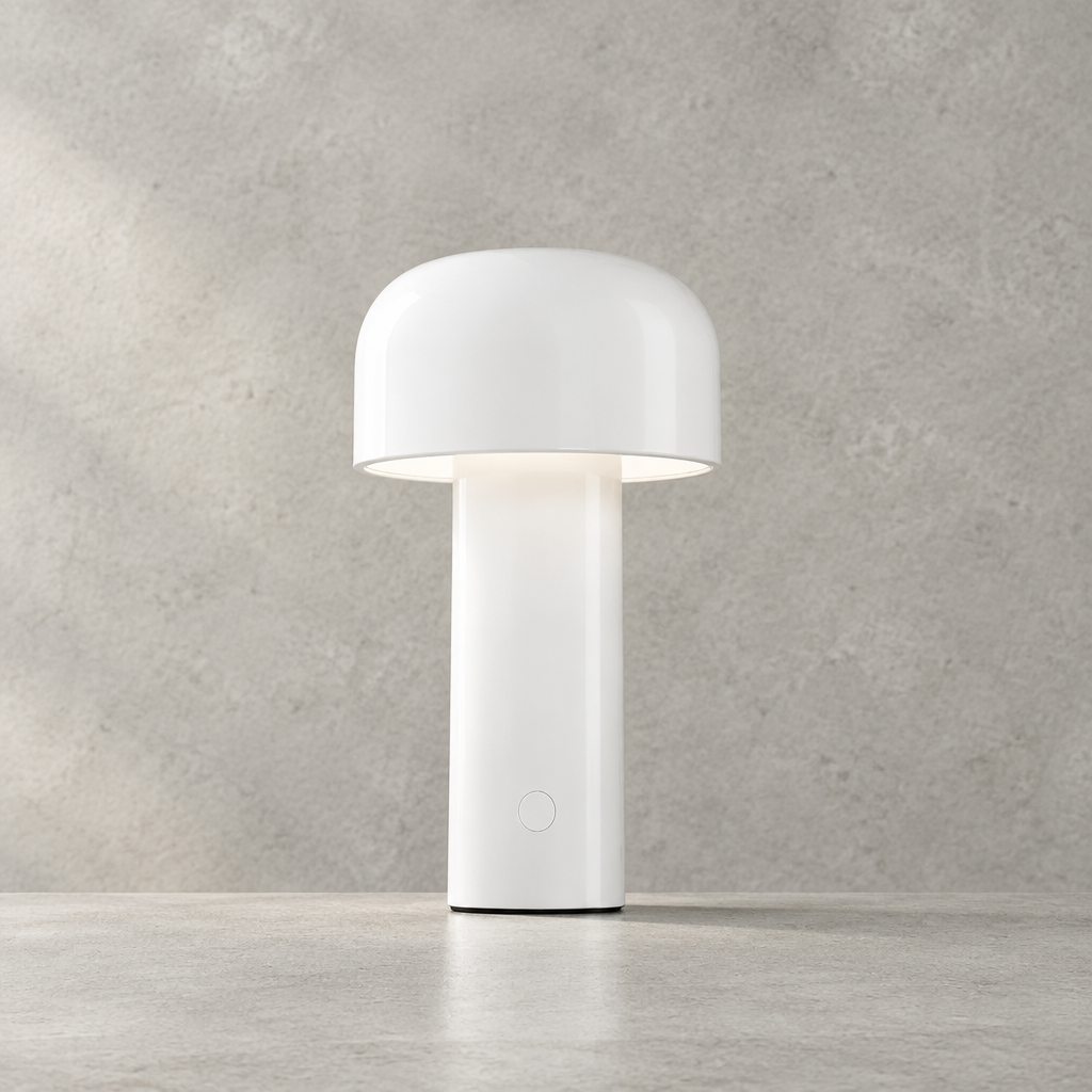 White glossy lamp lit against a concrete-effect wall, showing the round touch button on the base 28
