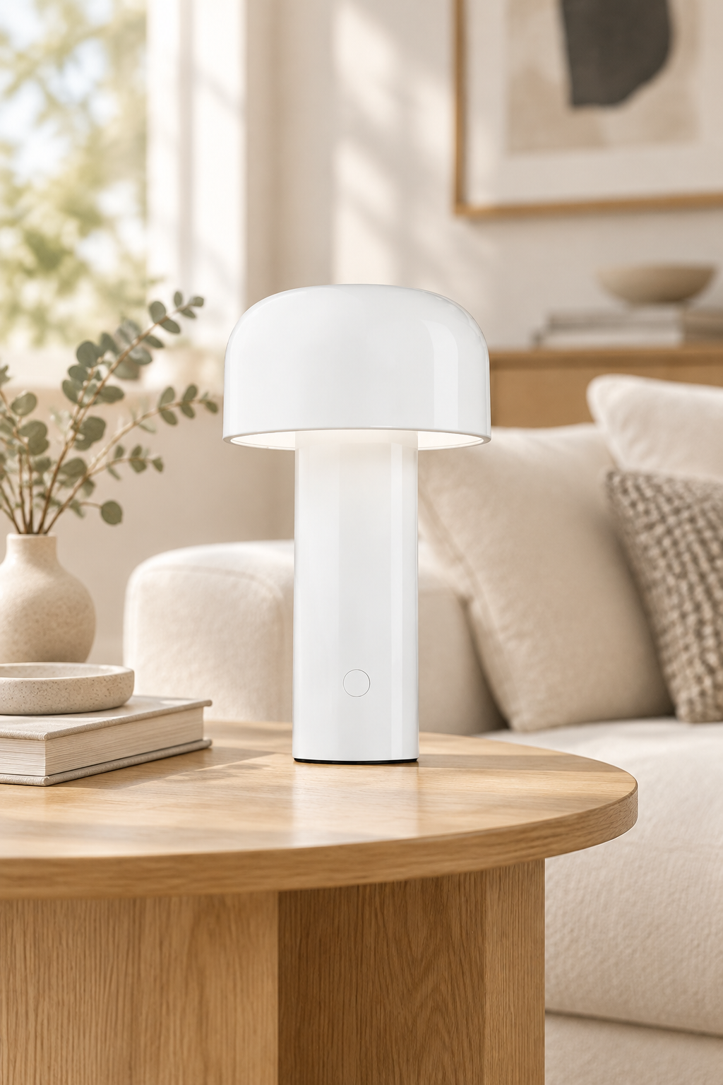 White mushroom lamp with a touch button on a wooden coffee table in a bright living room 28
