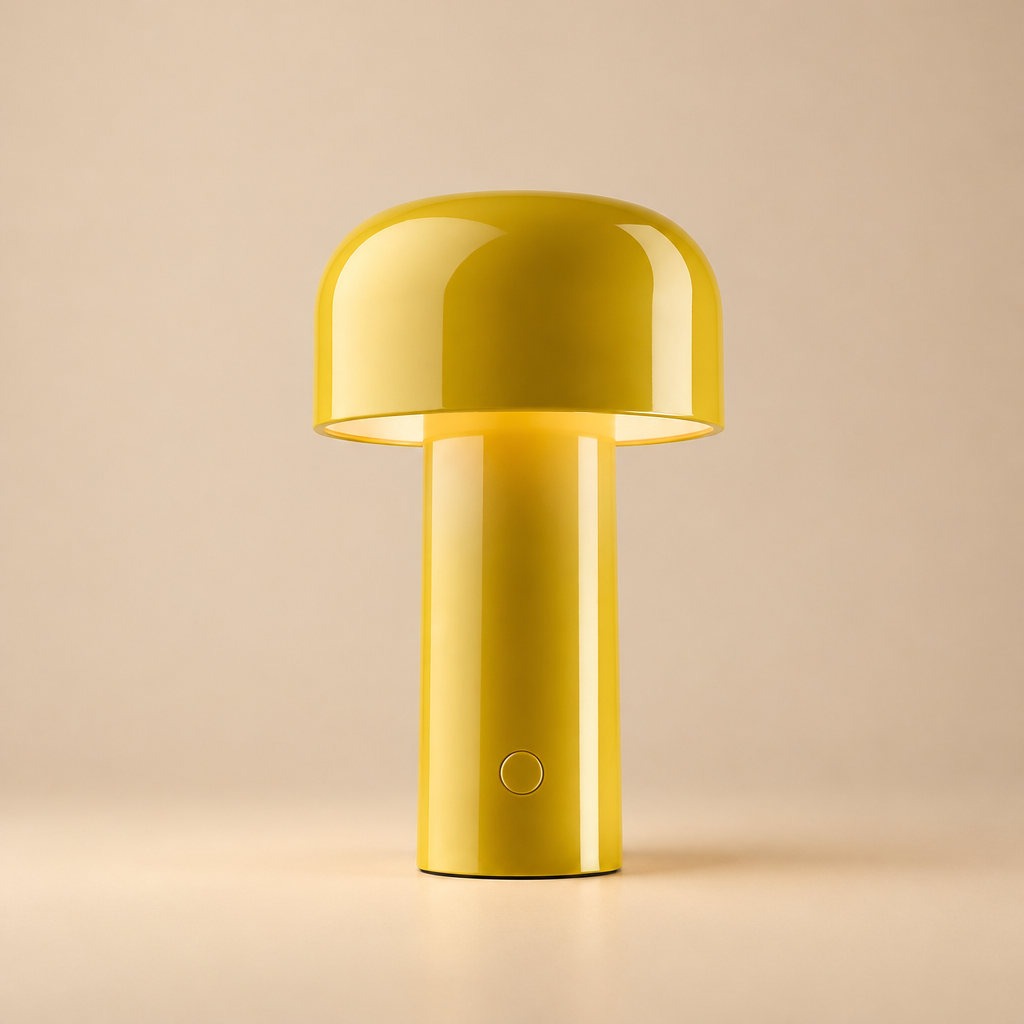 Glossy yellow lamp lit against a beige backdrop, with a round button on the stem 31