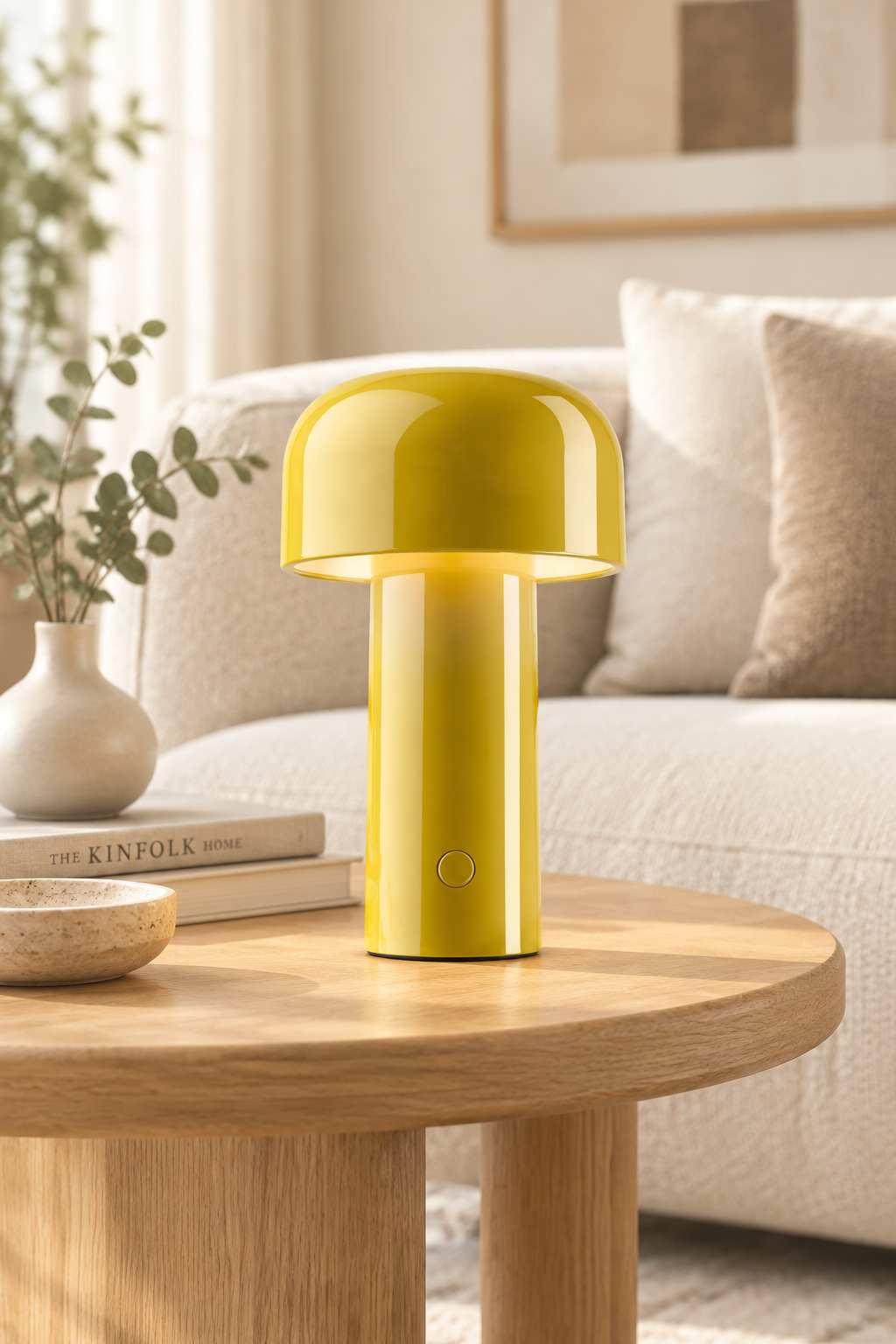 Glossy yellow mushroom lamp lit on a round wooden table beside a sofa 29