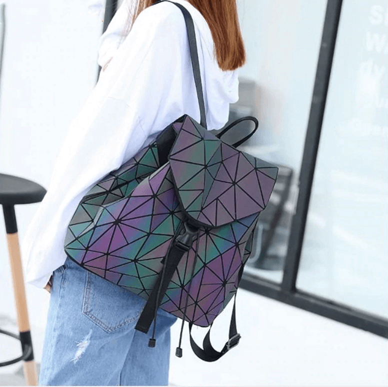 Reflective colour-changing geometric backpack for women