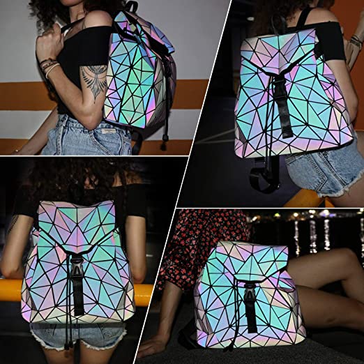 Reflective colour-changing geometric backpack for women