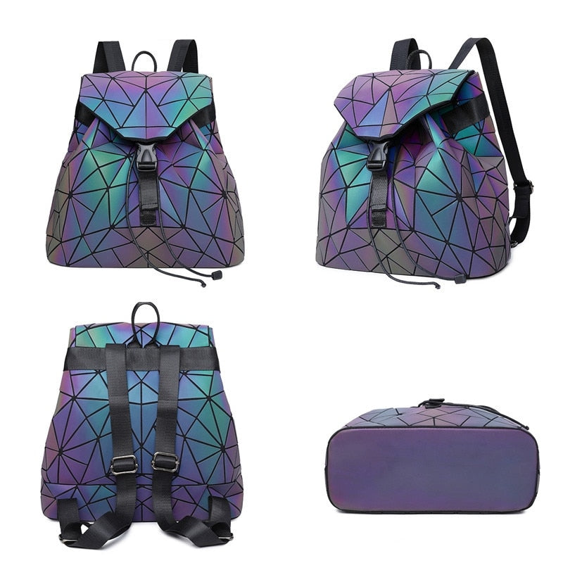 Reflective colour-changing geometric backpack for women