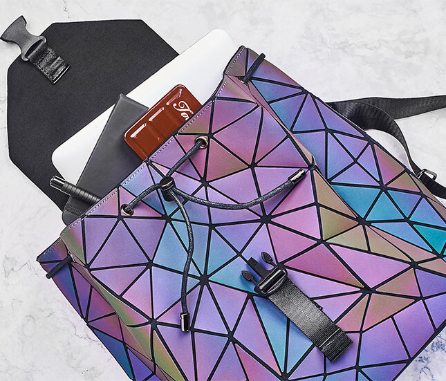 Reflective colour-changing geometric backpack for women
