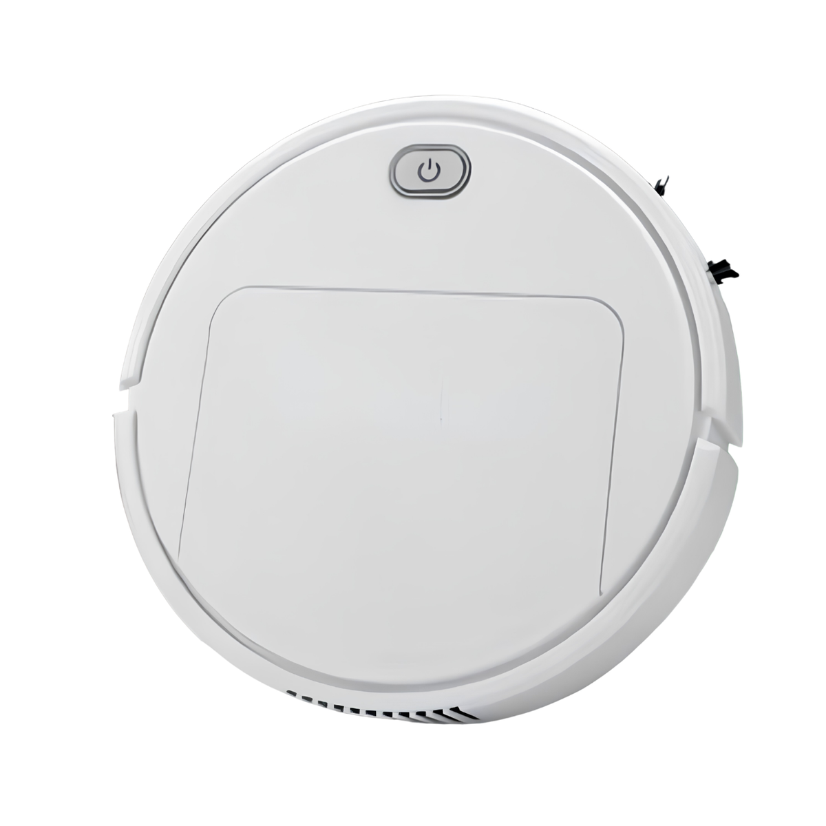 White round robot cleaner seen from above on a plain white background, showing its power button and lid panel. 1