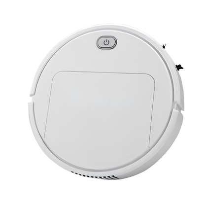 White round robot cleaner seen from above on a plain white background, showing its power button and lid panel. 1