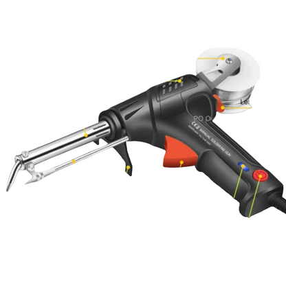 Side view of the black pistol-style soldering gun with orange trigger, metal tip, curved wire tube and a reel of solder on top. 1