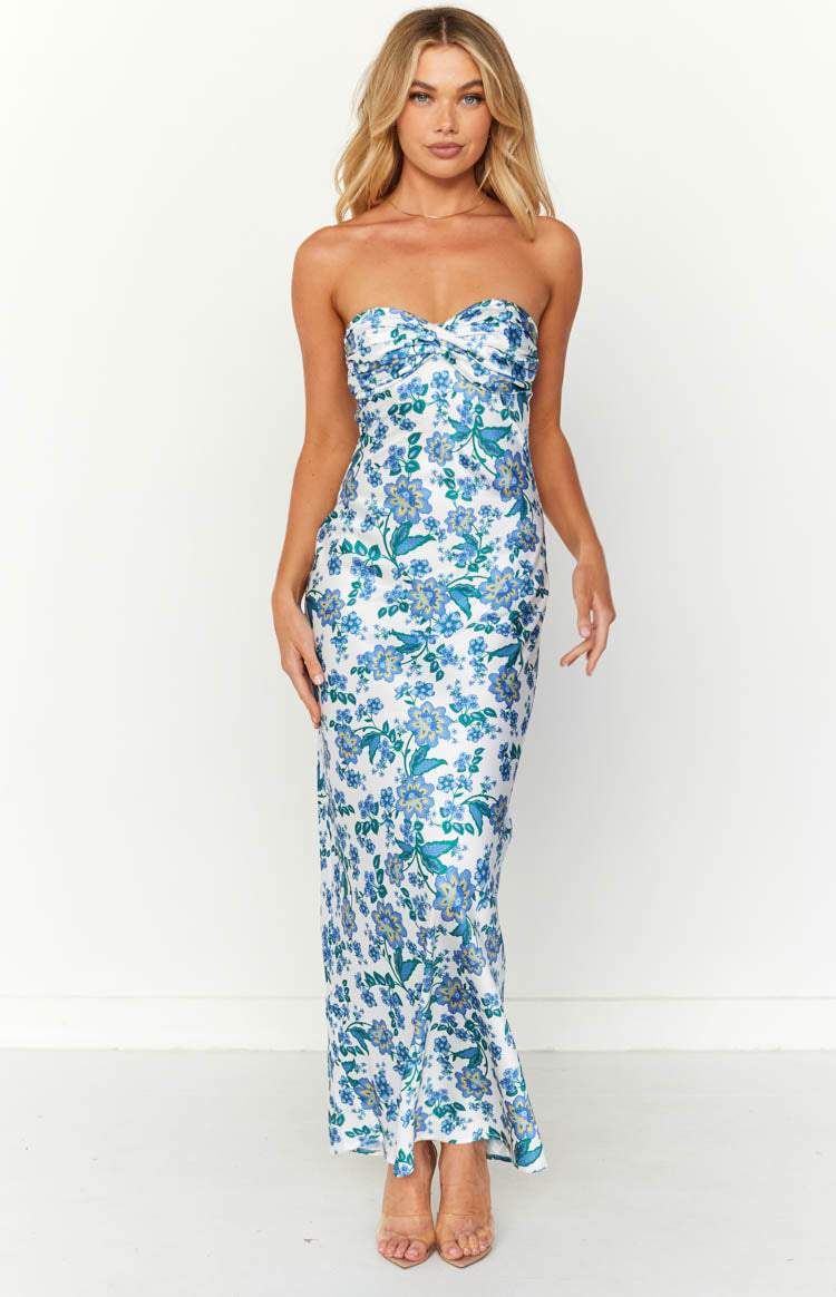 Knotted sheath dress with blue floral pattern – Mireva