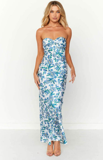 Knotted sheath dress with blue floral pattern – Mireva