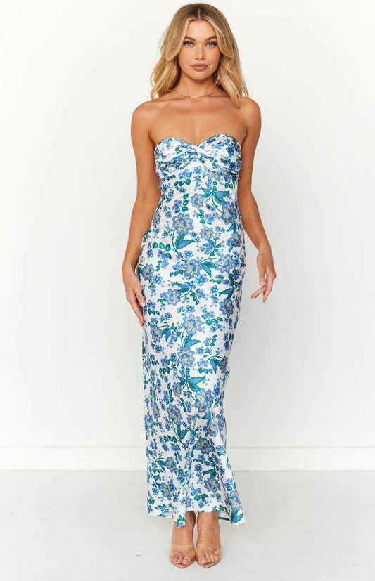 Knotted sheath dress with blue floral pattern – Mireva