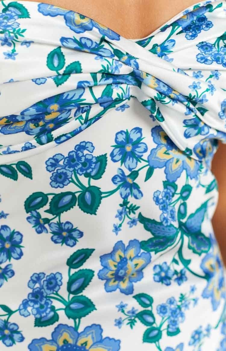 Knotted sheath dress with blue floral pattern – Mireva