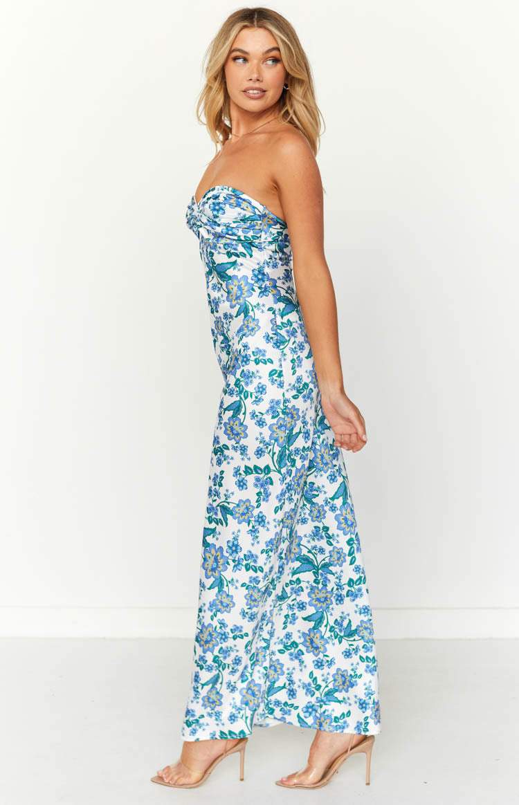 Knotted sheath dress with blue floral pattern – Mireva