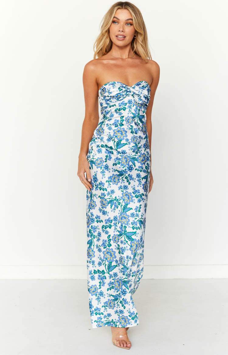 Knotted sheath dress with blue floral pattern – Mireva