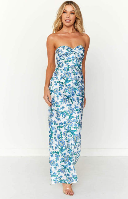 Knotted sheath dress with blue floral pattern – Mireva