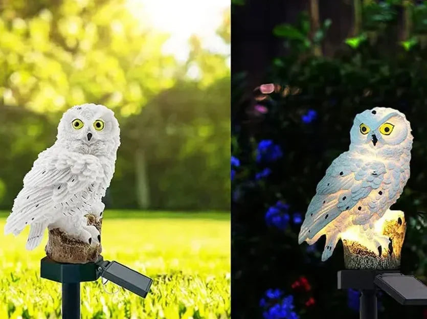 Owl light shown twice: unlit in daylight on a sunny lawn and glowing at night near blue flowers. 9
