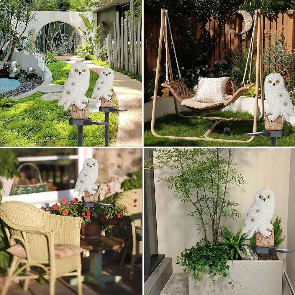 Four-image collage of the white owl light placed along a garden path, by a swing seat, on a patio and in a planter. 13
