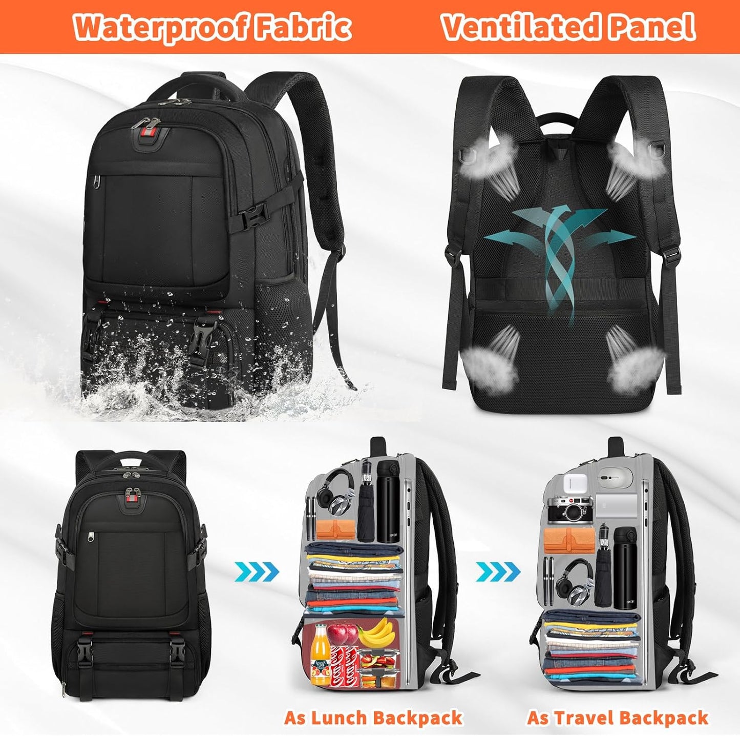 Extra-large lunch and laptop travel rucksack with USB charging port