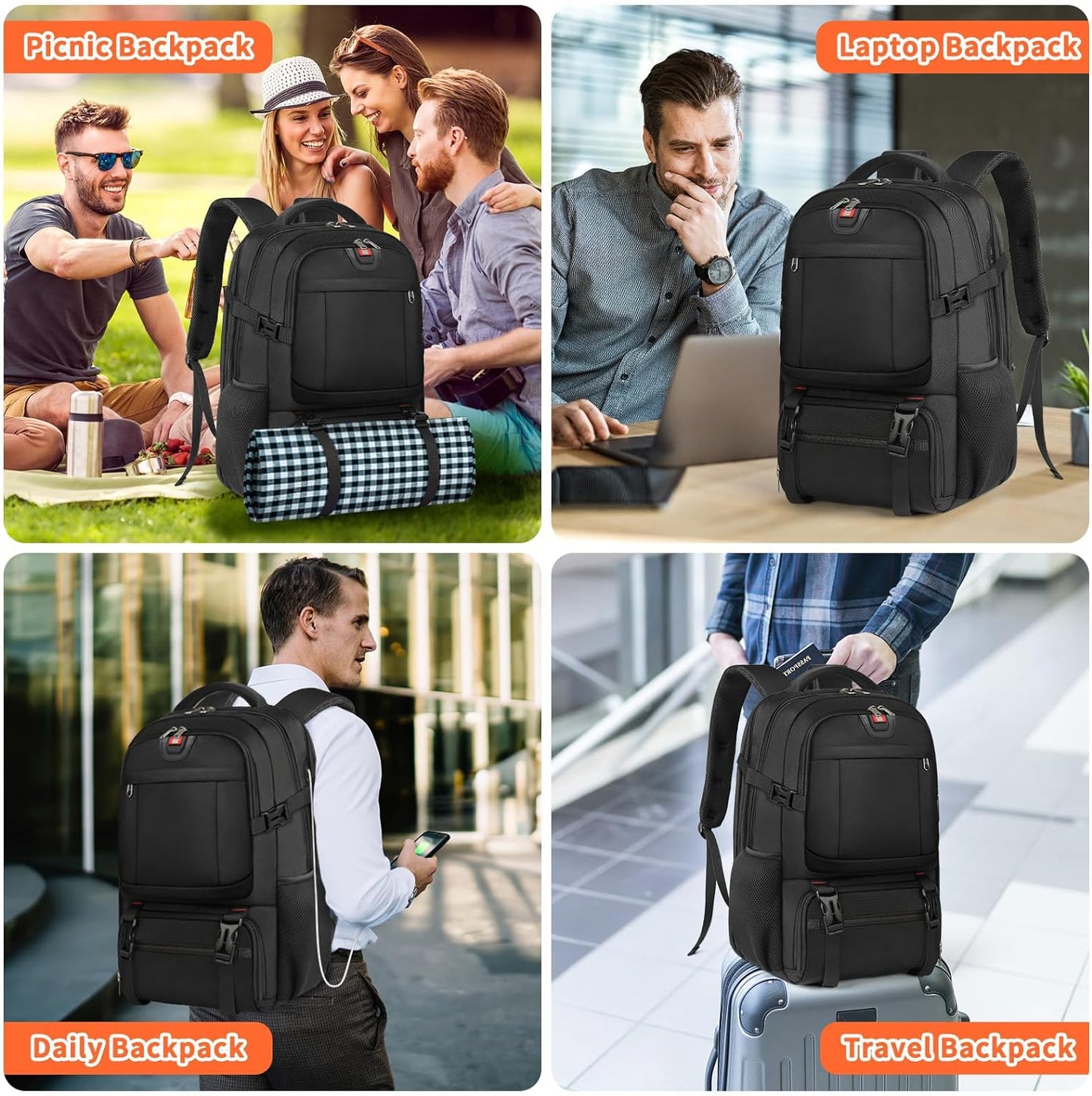 Extra-large lunch and laptop travel rucksack with USB charging port