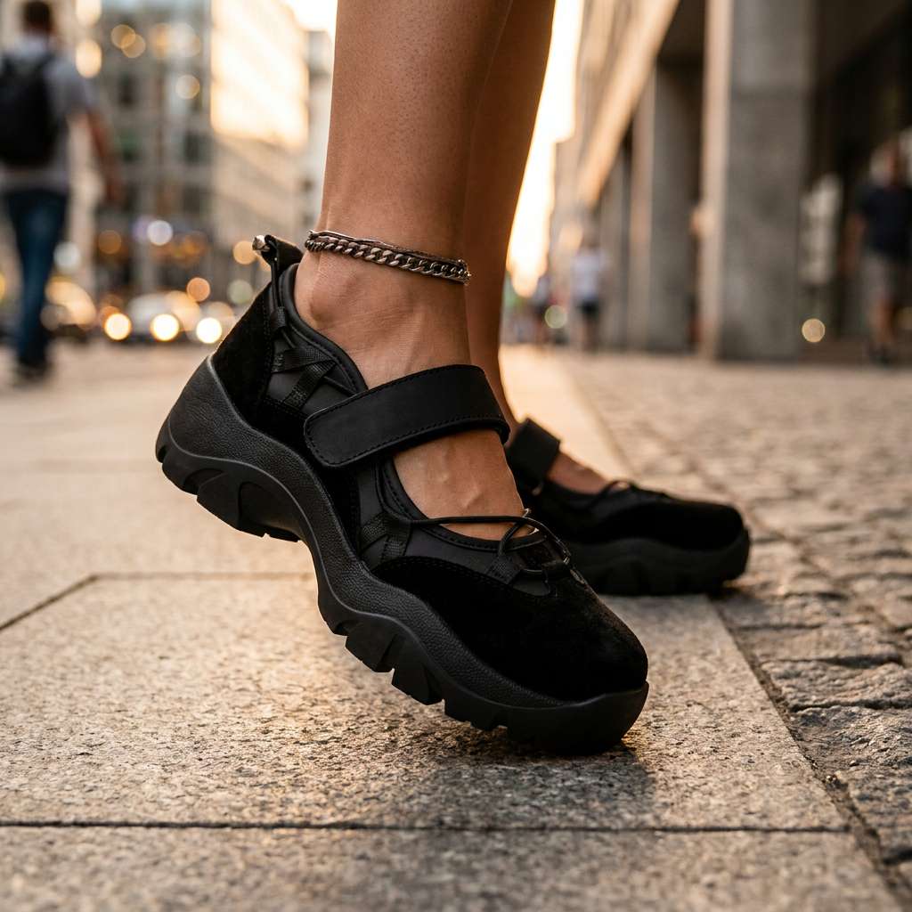 Close view of black suede shoes with a strap and chunky platform sole, worn with a silver chain anklet on a city pavement. 13