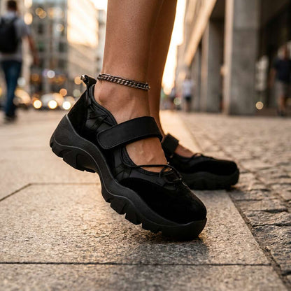 Close view of black suede shoes with a strap and chunky platform sole, worn with a silver chain anklet on a city pavement. 13