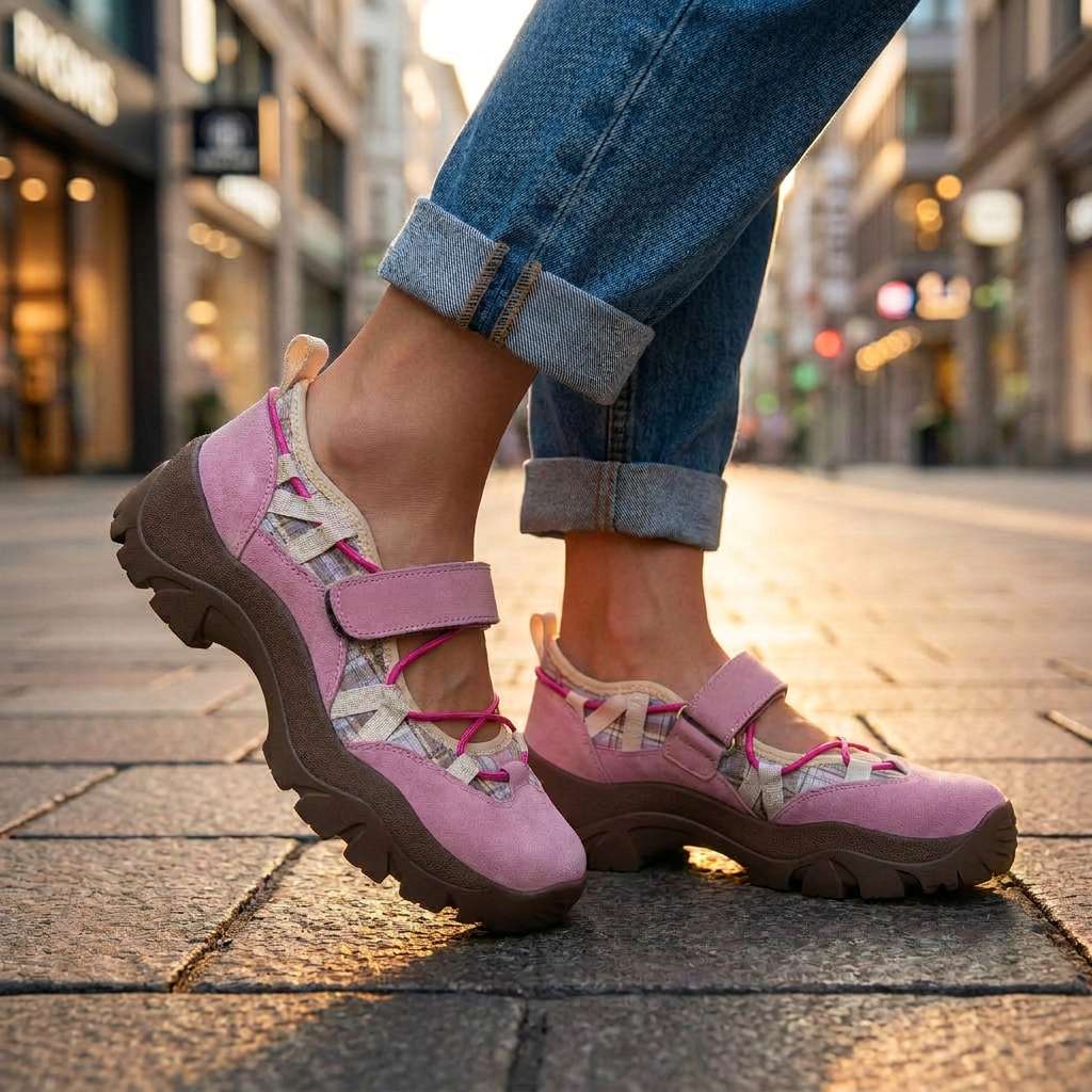 Pink suede shoes with plaid panels and bright pink laces on a brown sole, worn with cuffed jeans on a paved city street. 9