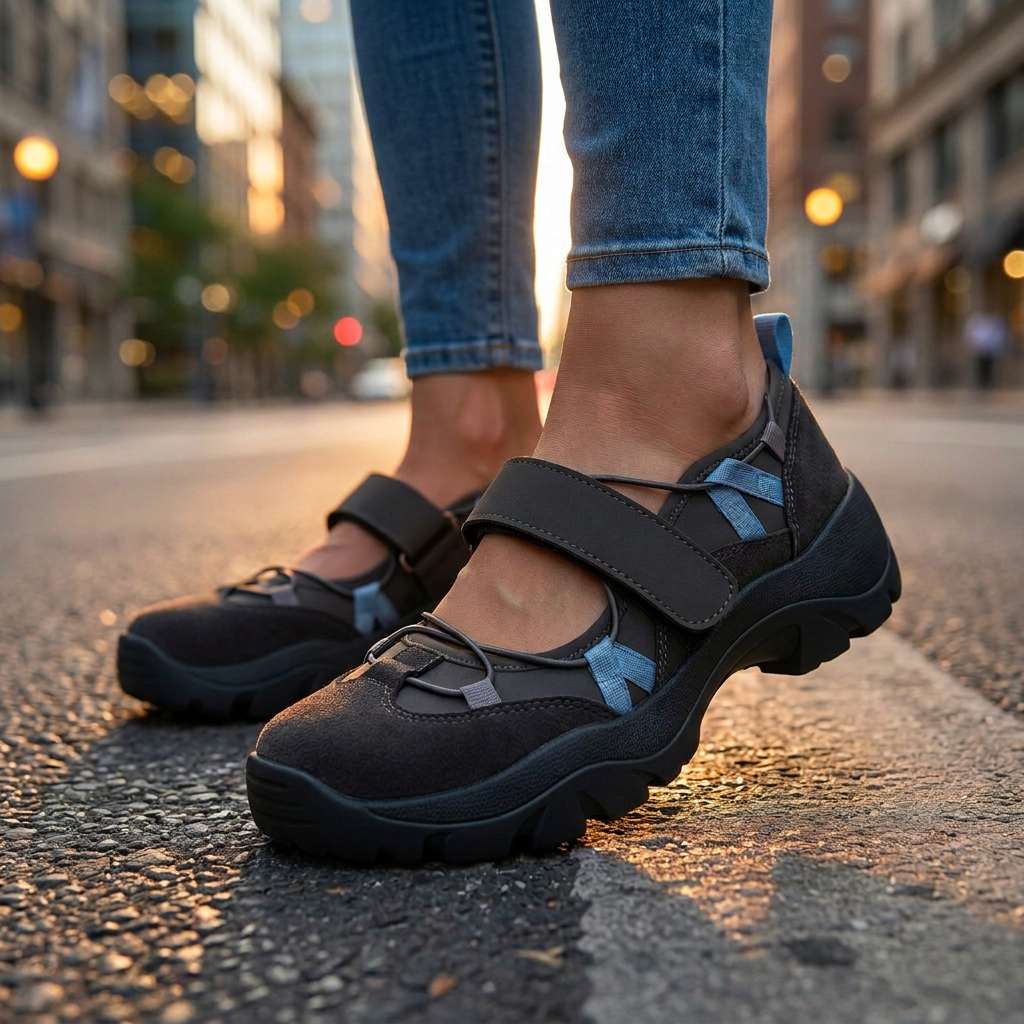 Low-angle view of dark grey shoes with blue lacing accents and a strap, worn with jeans on an asphalt city street at sunset. 7