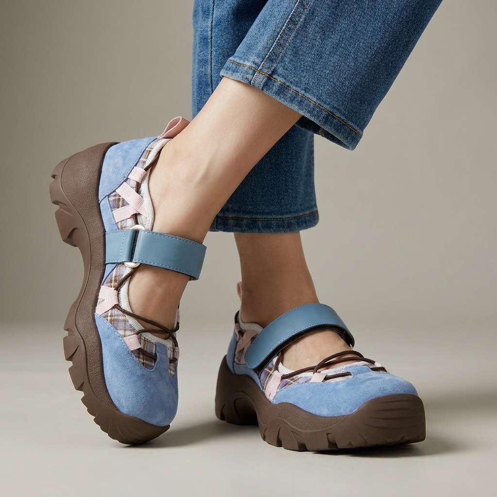 Studio shot of blue suede shoes with a matching strap, pink and brown plaid panels and a chunky brown sole, worn with jeans. 3