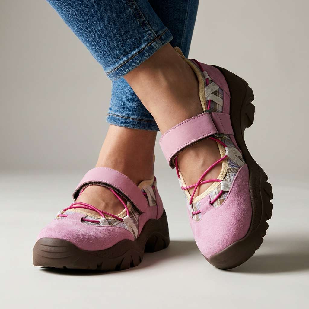 Pink suede shoes with a pink hook-and-loop strap, bright pink elastic laces and plaid side panels on a brown sole, worn with jeans. 4