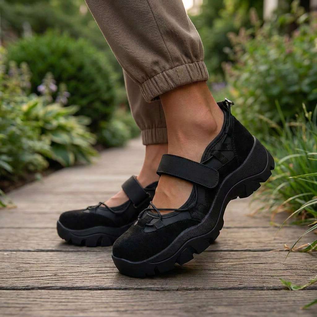 Black suede shoes with a strap and elastic laces, worn with khaki cuffed trousers on a wooden garden path. 10