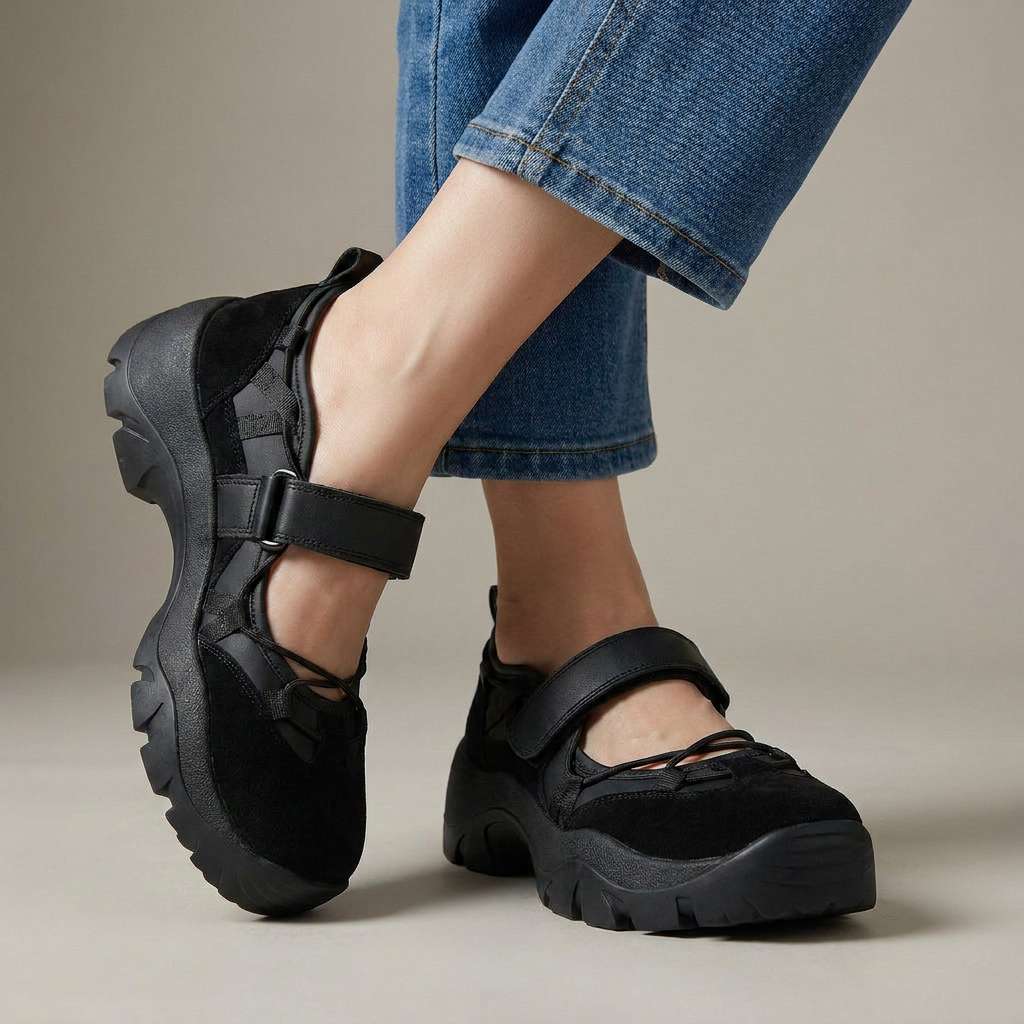 Studio shot of all-black suede shoes with a black strap and chunky black sole, worn with wide-leg blue jeans. 5