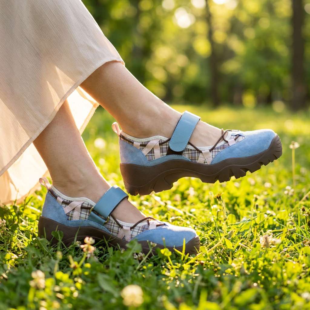 Blue suede shoes with plaid panels and a brown sole, worn with a cream skirt while walking through sunlit grass. 8