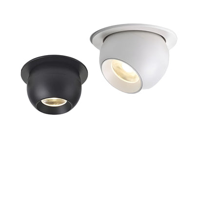 Black and white recessed spherical spotlights side by side on a plain white background, both lit 1