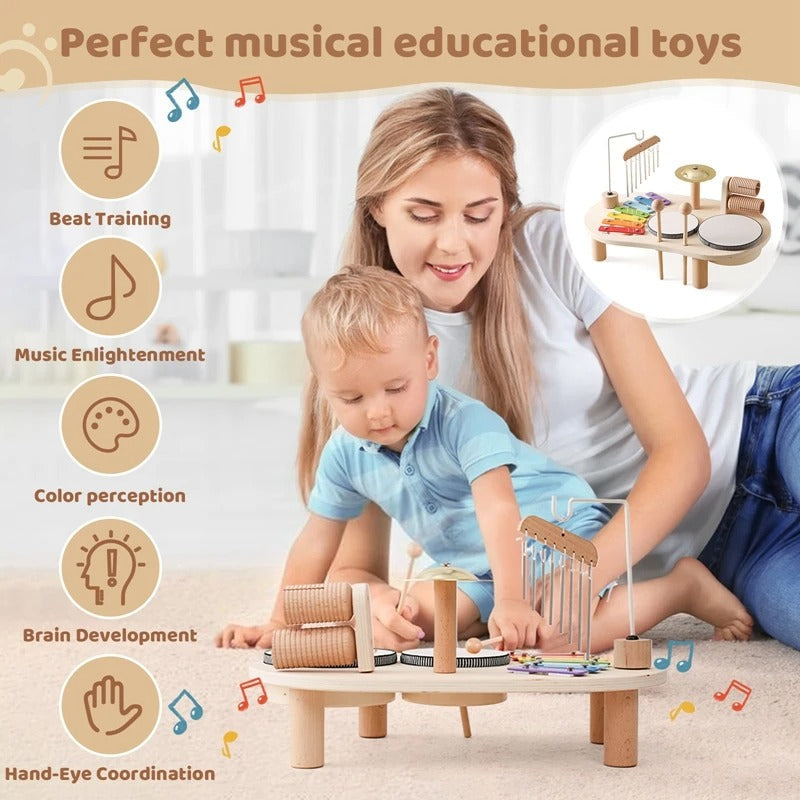 Woman and toddler play on a carpet, with a graphic listing learning benefits and a small inset of the set 6