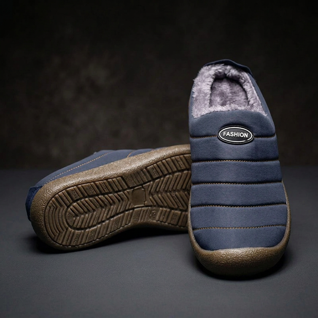 Navy blue slipper seen from the front beside an upturned one showing the grooved tread sole 18