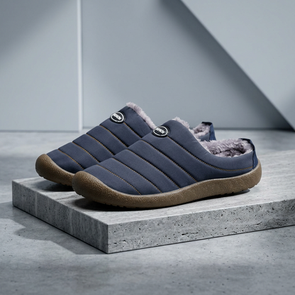 Pair of navy blue quilted slippers displayed on a rough concrete block against a grey backdrop 18