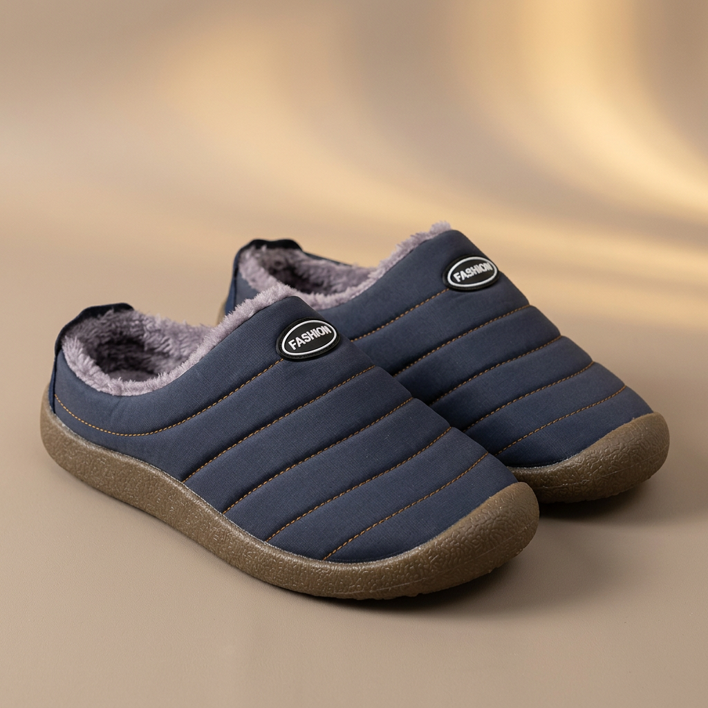 Pair of navy blue quilted slippers with fleece lining on a warm beige studio backdrop 18