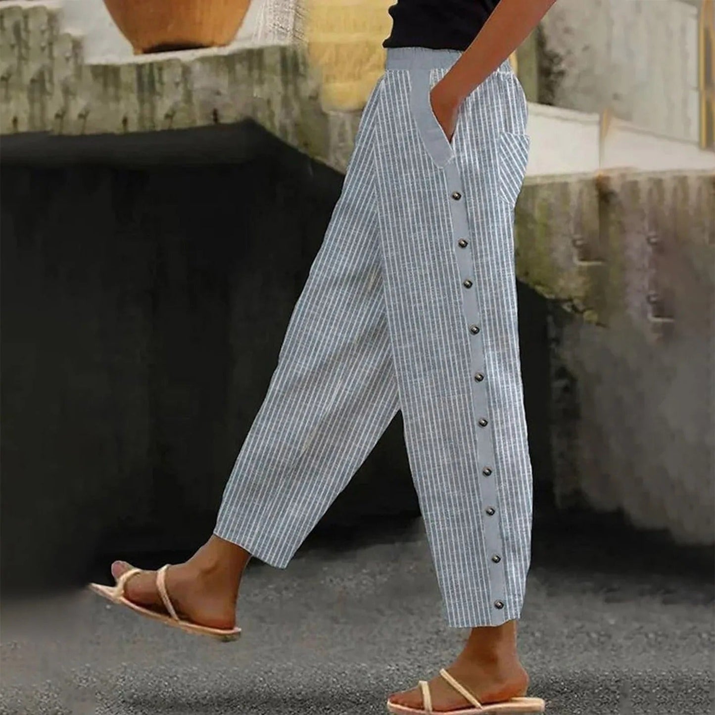 Striped High-Waist Ladies' Trousers with Decorative Buttons – Florence