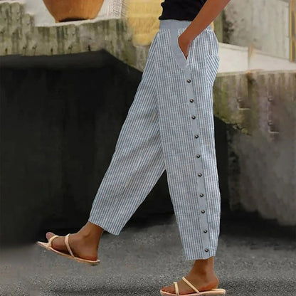 Striped High-Waist Ladies' Trousers with Decorative Buttons – Florence