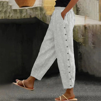 Striped High-Waist Ladies' Trousers with Decorative Buttons – Florence