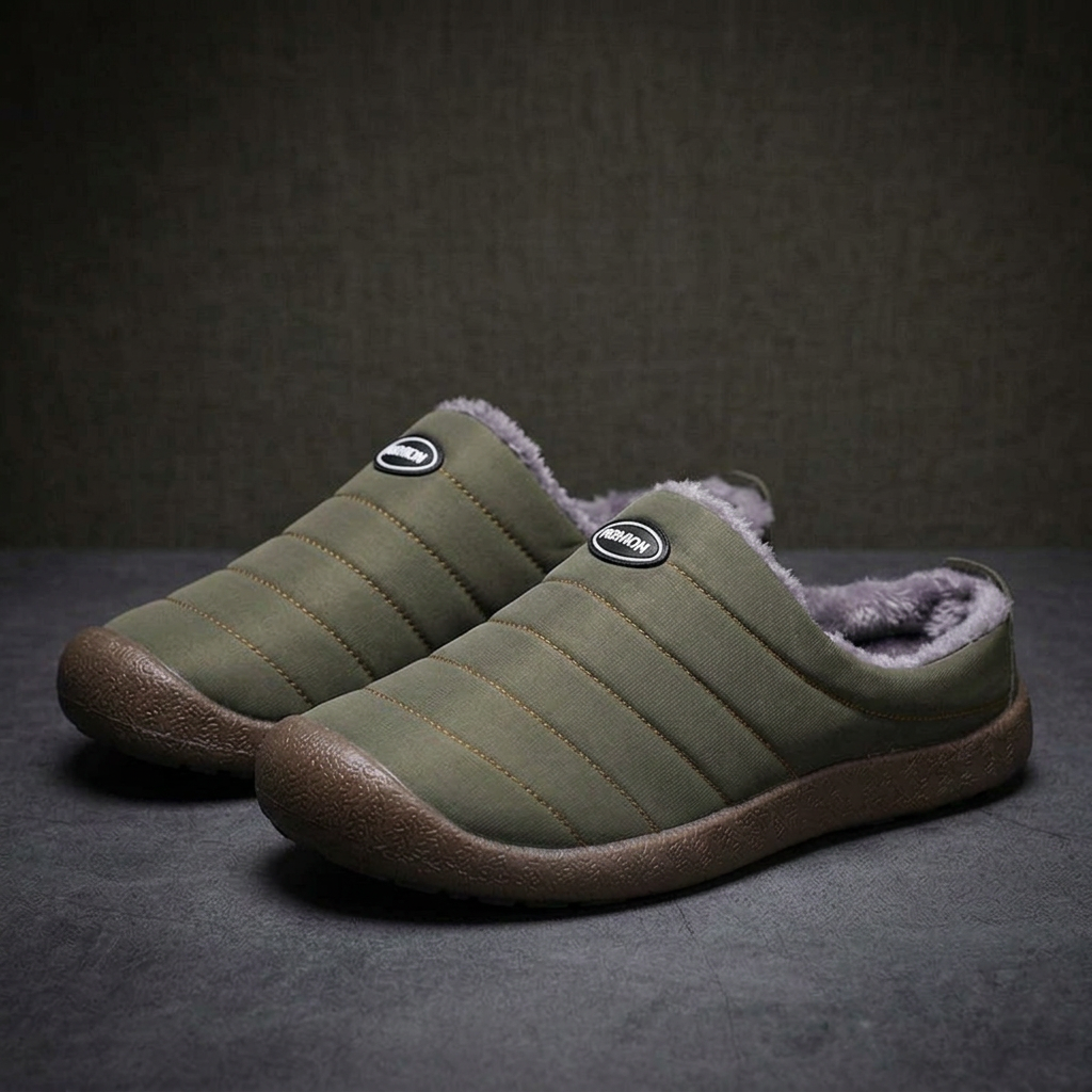 Pair of olive green quilted slippers with grey fleece lining against a dark moody backdrop 17