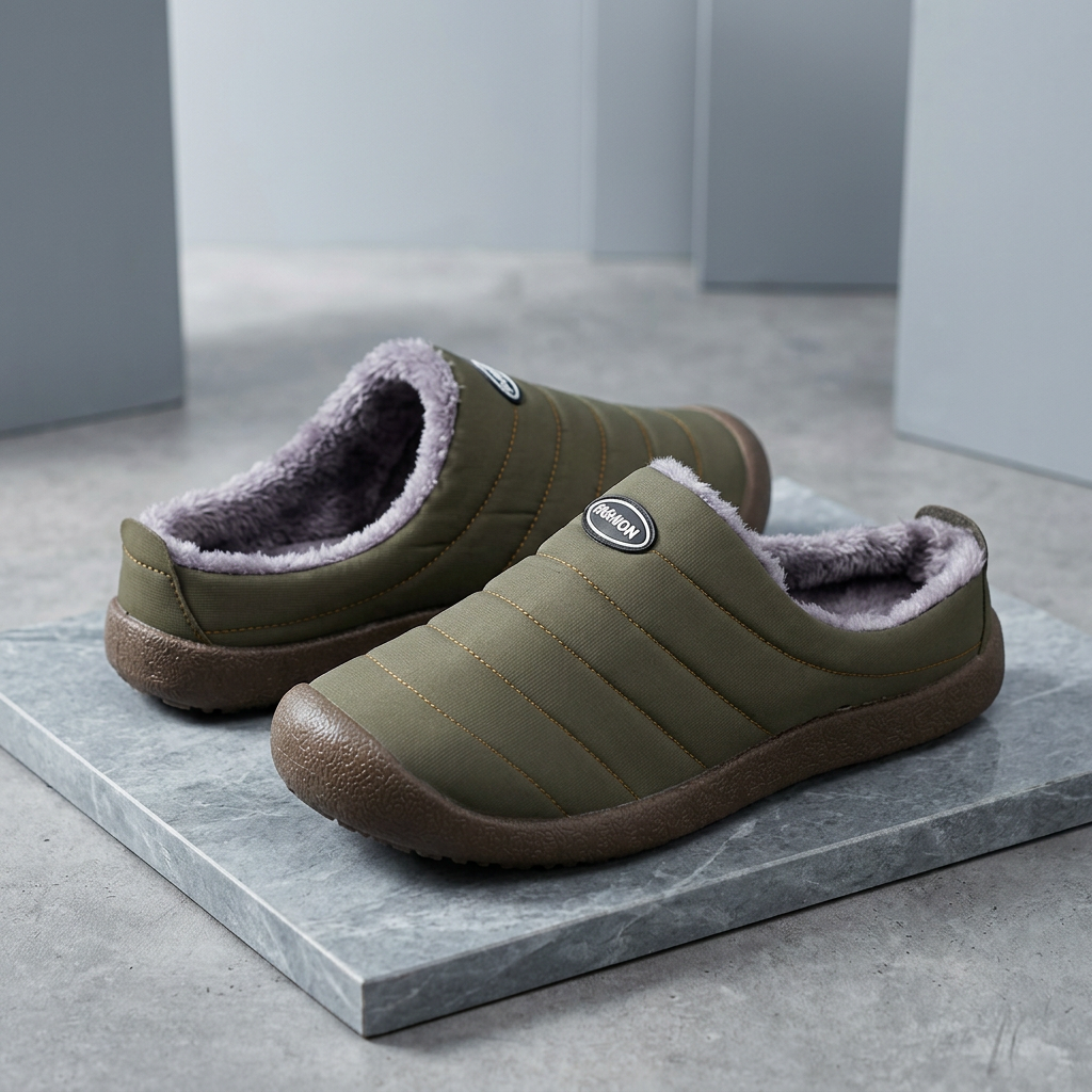 Pair of olive green fleece-lined slippers styled on a grey marble slab in a studio 17